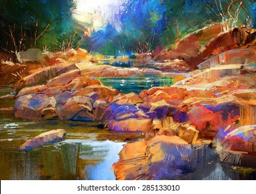 Beautiful Fall River Lines With Colorful Stones In Autumn Forest,digital Painting