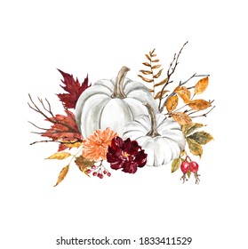 Beautiful fall white pumpkins arrangement white background  pastel pumpkin decor and red   burgundy leaves  flowers  tree branches  Autumn watercolor illustration  Thanksgiving card
