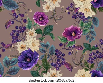 Beautiful Fall Winter Deep Blooming  Flowers ,berries In The Winter Season Seamless Pattern Design Isolated On Mauve Gray Color For Fashion,fabric,paper,interior 