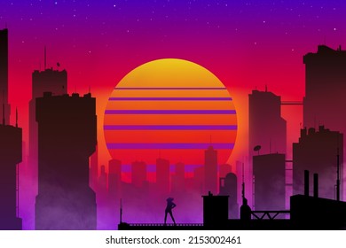 beautiful fantastic city with silhouettes of skyscrapers against the backdrop of a sunset and a woman standing on the roof