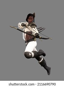 Beautiful fantasy female elf archer running and shooting an arrow from her bow. 3D rendering isolated.