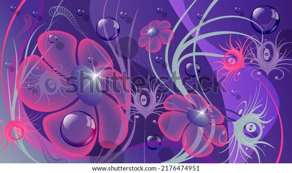 Beautiful fantasy floral wallpaper in purplish pink colors. Transparent bubbles against the background of flowers, curved floral elements, stripes, highlights and glows.