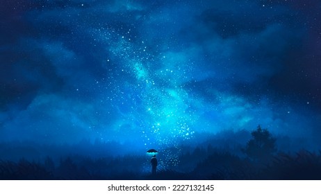 Beautiful fantasy landscape sky and mountains glowing night scenery digital art 3d illustration - Powered by Shutterstock