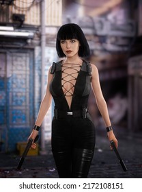 Beautiful Fantasy Rogue Assassin Woman Holding Two Guns Walking Towards Her Target In A Seedy Urban Back Street. 3D Illustration.