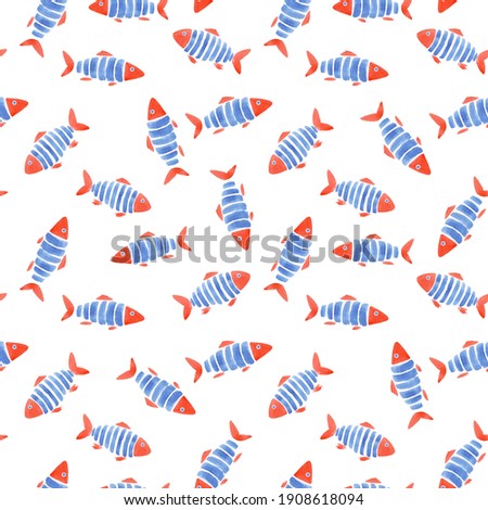 Beautiful fashinable seamless pattern with cute watercolor fish. Stock design illustration.
