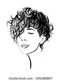 beautiful fashion curly girl ink portrait 