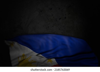 Beautiful Feast Flag 3d Illustration
 - Dark Photo Of Philippines Flag With Large Folds On Black Stone With Empty Space For Your Text