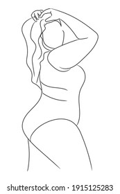 Beautiful female body positive  plus woman holding her long hair line art abstract drawing