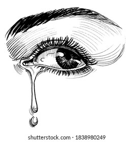 Beautiful female eye with a tear. Ink black and white drawing