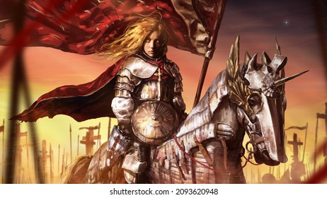 A beautiful female knight with divine golden eyes and hair in shiny plate armor with a red cloak and a flag rides in the middle of the crusader army on an armored horse, behind a bright sunset. 2d art