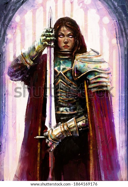 A beautiful female\
knight with a sword in her hands, looking directly at the viewer\
with purple eyes, wearing a beautiful turquoise armor and a purple\
cloak. 2D\
illustration.\
