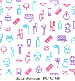 Beautiful Female Make Up Seamless Pattern Background on a White Include of Lipstick, Mirror, Perfume, Mascara and Eyeshadow. illustration of Makeup Woman Sign