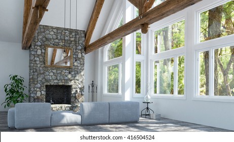 Beautiful Fireplace In Modern Cottage - 3 D Render 