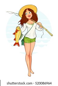 Beautiful Fisher Girl With Fish And Rod Raster. Isolated White Background. Woman Fishing. Lady Catch. Ladies Hobby. Fisherman Tackle Illustration