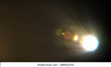 Beautiful Floating Dust Particles In The Air. Dark Background. Diagonal Light Rays Or Beams. Lens Flare Effect, Blur Or Bokeh. Abstract Cinematic Background. High Quality 3D Render Illustration