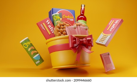 Beautiful floating food hamper gift basket for giving and 3d rendering illustration