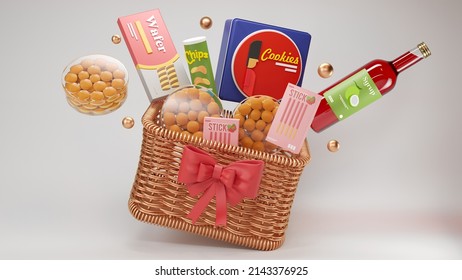 Beautiful Floating Food Hamper Gift Basket For Giving With Red Ribbon Using 3D Rendering Illustration, Isolated In White Background