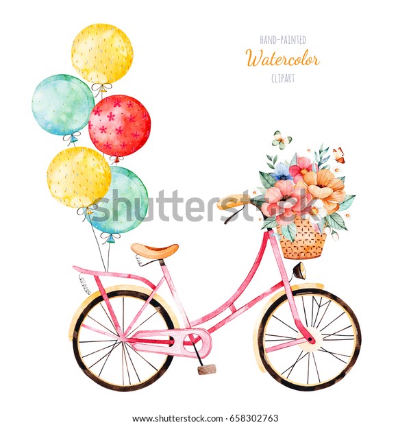 美しい花柄のコレクション バスケットと多彩色の風船の付いた自転車 デザインに最適なイラスト 結婚式 招待状 ブログ テンプレートカード 誕生日 ベビーカード パターンに最適 のイラスト素材