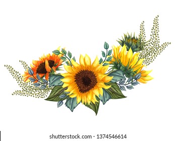 Beautiful floral collection with sunflowers,leaves,branches,fern leaves. Bright watercolor bouquet. wedding,invitation,template card,Birthday. Sunflowers bouquet 