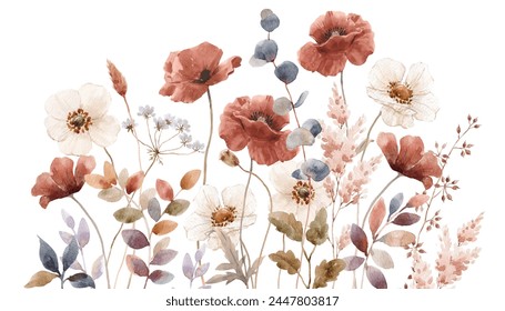 Beautiful floral composition with watercolor hand drawn gentle autumn fall flowers. Stock floral illustration. Nature clip art. - Powered by Shutterstock