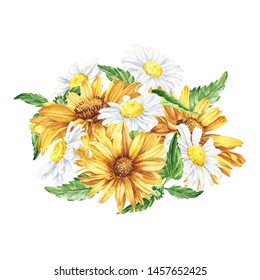 Beautiful floral hand drawn watercolor bouquet illustration, bunch of yellow flowers, with daisies and sunflowers on white isolated background. Can be used for invitations or wedding design.
