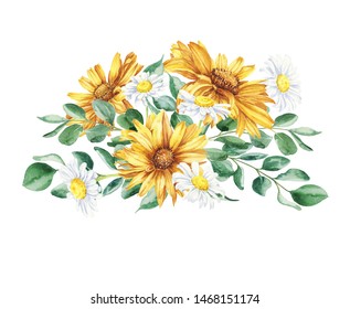 Beautiful floral hand drawn watercolor bouquet illustration, bunch of yellow flowers with daisies and eucalyptus isolated on white background. Can be used for invitations or wedding design.