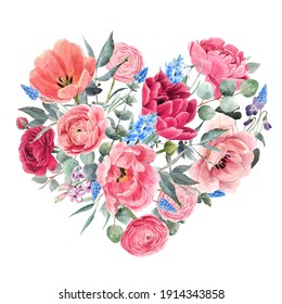 Beautiful floral heart with watercolor spring flowers. Stock illustration.