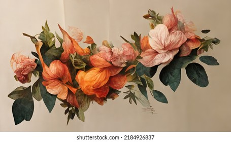 Beautiful floral illustration with roses, leaves, flower bouquets, flower arrangements. Luxurious wallpaper in a minimalist style with artful flowers and botanical leaves. 3D artwork