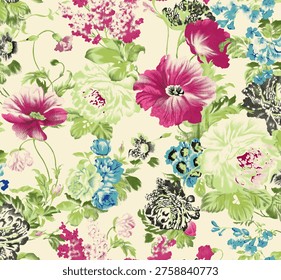 Beautiful floral pattern featuring vibrant flowers and lush greenery on a soft background, perfect for wallpaper, textile, or wrapping paper designs