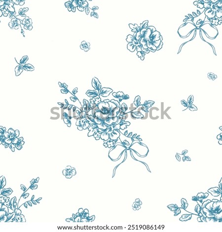 Beautiful floral seamless pattern with hand drawn abstract flowers. Stock illustration. Gentle summer design. Seamless print. toile de jouy 