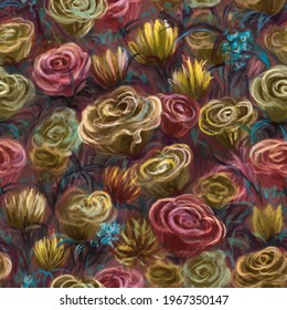 Beautiful floral seamless pattern with hand-painted flowers roses and delicately leaves on the burgundy color background. Botanic design oil painting. Perfect for fabric textile or wrapping paper.