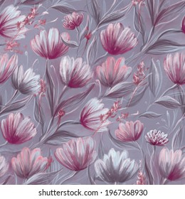 Beautiful floral seamless pattern with hand-painted pink flowers and delicately leaves on the pale lilac color background. Oil painting illustration. For fabric, textile, packaging, wrapping paper.