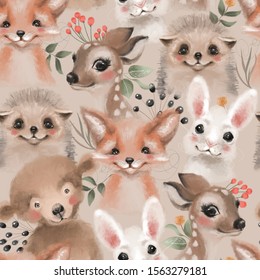 Beautiful floral seamless, tileable, watercolor pattern with woodland animals - deer, bunny, hedgehog, bear and fox