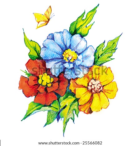 Beautiful Flowers Butterfly Colored Pencil Drawing Stock