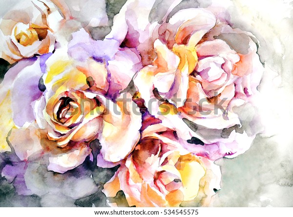 Beautiful flowers - Delicate yellow and pink roses on gray and blue background- in vintage abstract style. Watercolor on paper texture