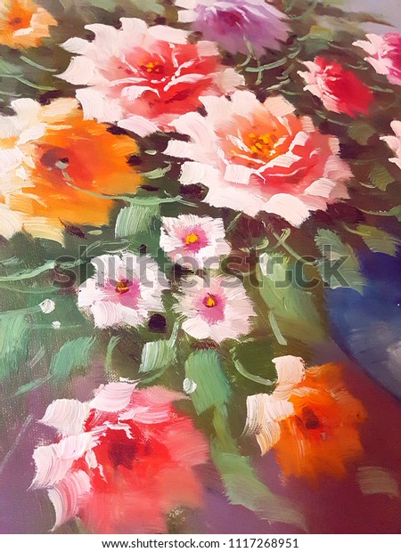 Beautiful Flowers Vase Canvas Oil Painting Stock Illustration