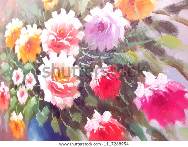 Beautiful Flowers Vase Canvas Oil Painting Stock Illustration