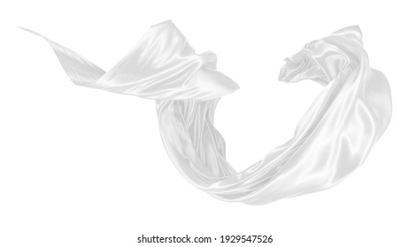 Beautiful Flowing Cloth Flying In The Wind. White Wavy Silk Or Satin. Abstract Element For Design. 3D Rendering Image. Image Isolated On A White Background.