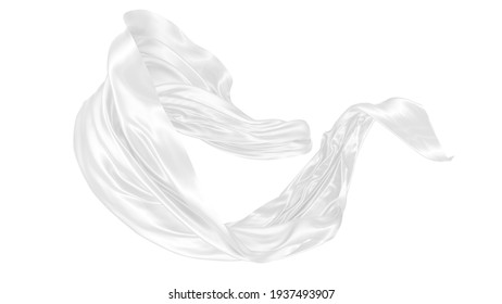 Beautiful Flowing Cloth Flying In The Wind. White Wavy Silk Or Satin. Abstract Element For Design. 3D Rendering Image. Image Isolated On A White Background.