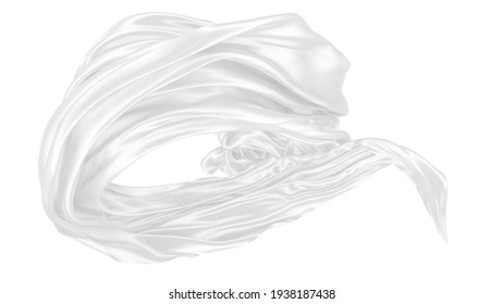 Beautiful flowing cloth flying in the wind. White wavy silk or satin. Abstract element for design. 3D rendering image. Image isolated on a white background.