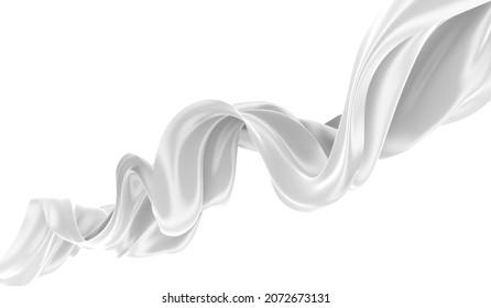 Beautiful Flowing Cloth Flying In The Wind. White Wavy Silk Or Satin. Abstract Element For Design. 3D Rendering Image. Image Isolated On A White Background.