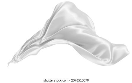 Beautiful Flowing Cloth Flying In The Wind. White Wavy Silk Or Satin. Abstract Element For Design. 3D Rendering Image. Image Isolated On A White Background.