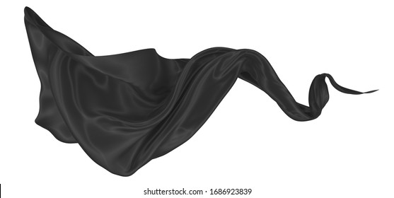 Beautiful flowing fabric flying in the wind. Black wavy silk or satin. Abstract element for design. 3D rendering image. Image isolated on a white background.