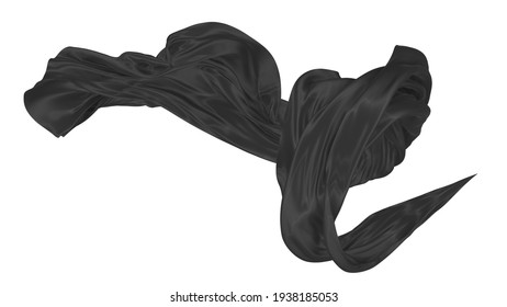 Beautiful Flowing Fabric Flying In The Wind. Black Wavy Silk Or Satin. Abstract Element For Design. 3D Rendering Image. Image Isolated On A White Background.