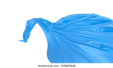 Beautiful flowing fabric flying in the wind. Blue wavy silk or satin. Abstract element for design. 3D rendering image. Image isolated on a white background.