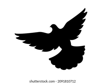 Beautiful flying dove bird peace symbol black silhouette illustration. Pigeon black silhouette icon isolated on a white background. Flying bird icon