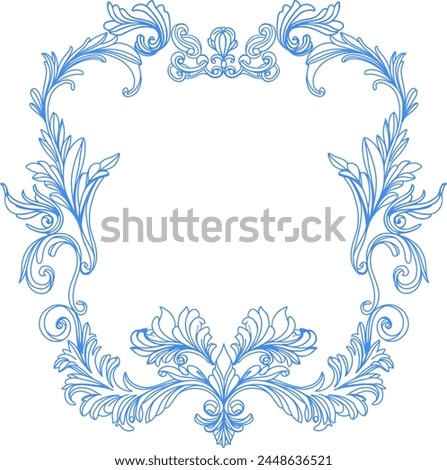A beautiful frame of elegant botanical elements with a Victorian theme. Fine contoured curved graphic elements in blue on a white background. Digital illustration for covers, branding, wedding design.