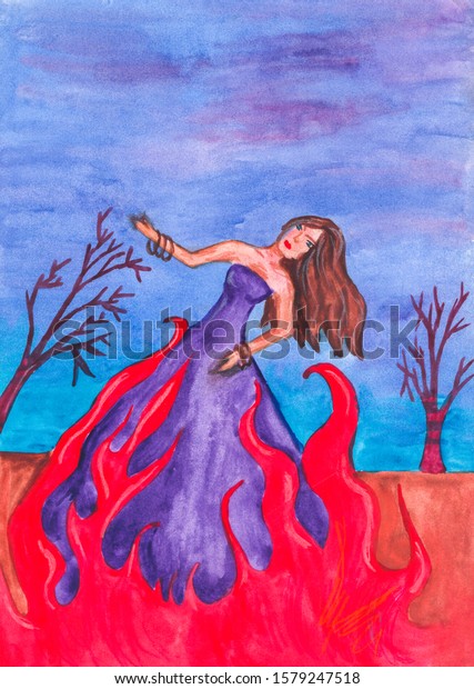 Beautiful Girl Dancing Flamenco Watercolor Art Stock Illustration ... Watercolor People Dancing