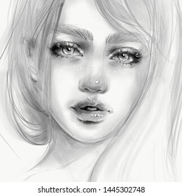 Beautiful Girl Face Black And White Pencil Drawing Fashion Illustration. Hand Drawn Sketch.