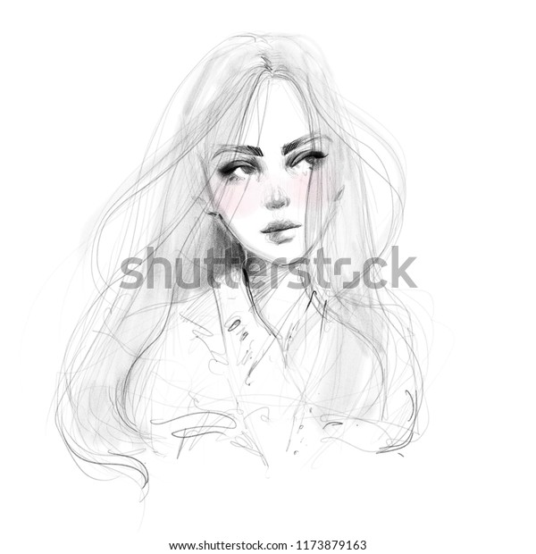 Beautiful Girl Face Black White Pencil Stock Illustration